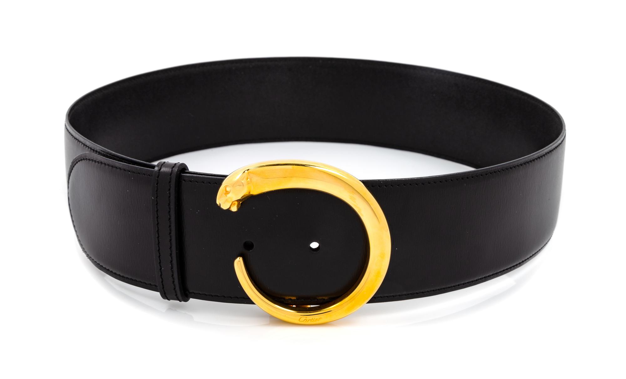 A Cartier Black Leather Panthere Belt, Buckle: 2.5" diameter; Belt: 28"- 30" x 2".