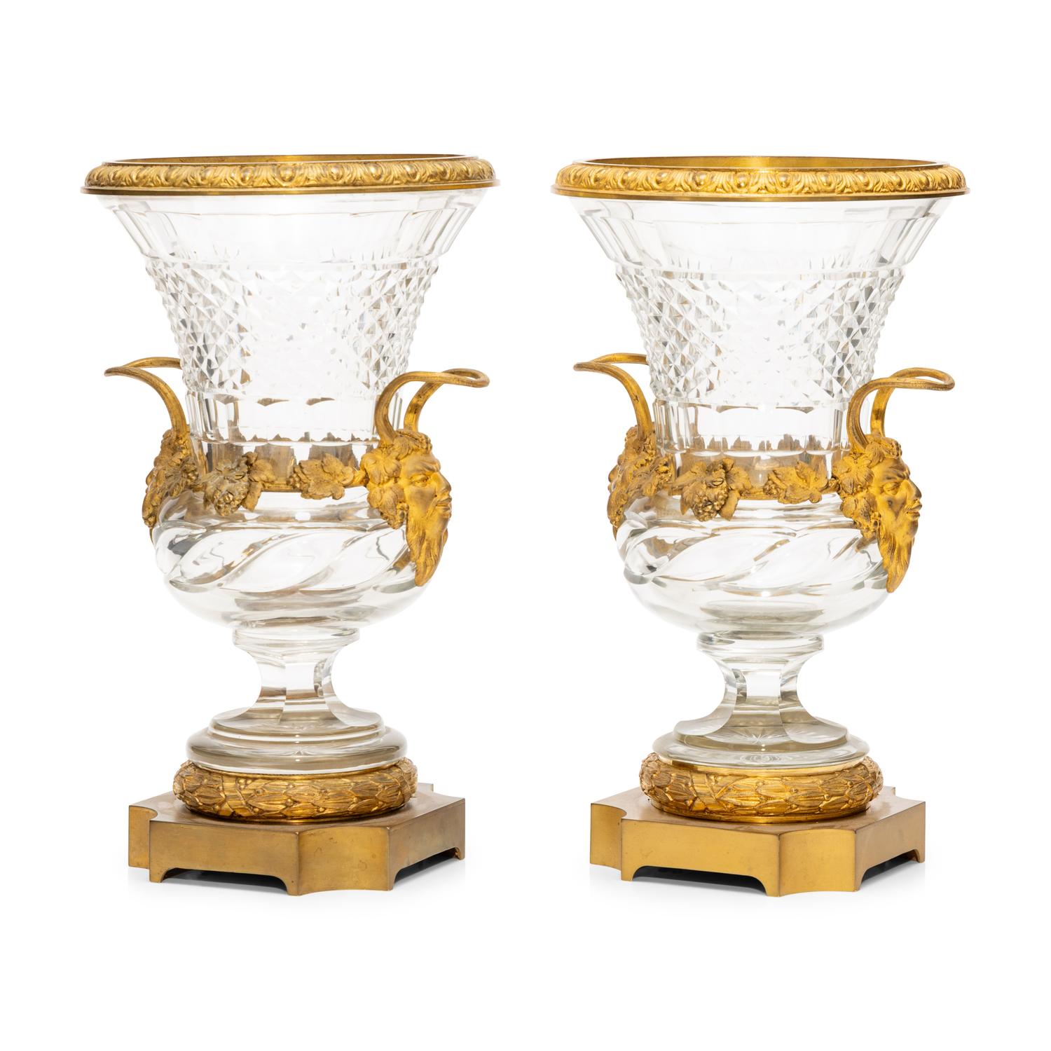 A Pair of French Gilt-Bronze Mounted Cut Glass Urns