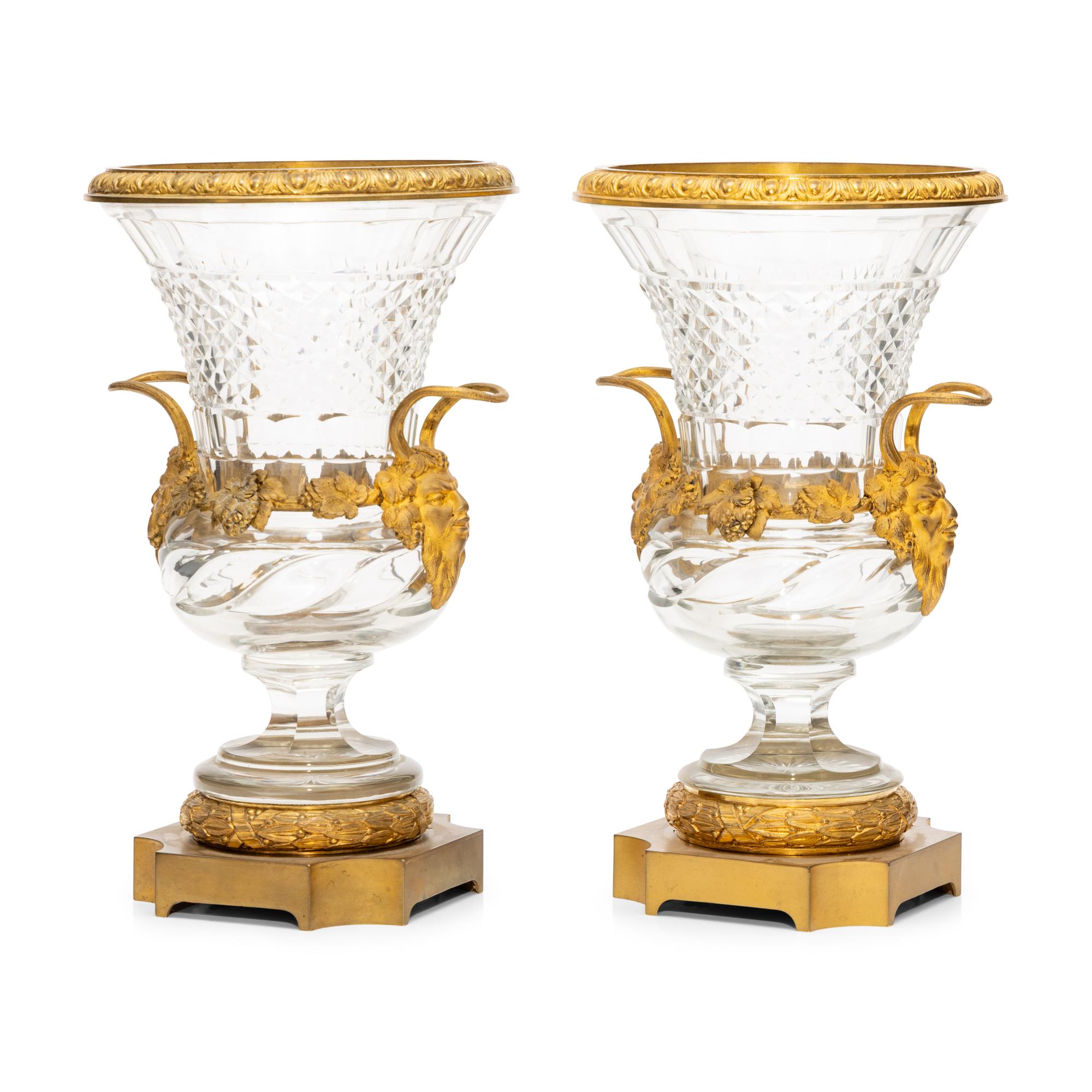 A Pair of French Gilt-Bronze Mounted Cut Glass Urns