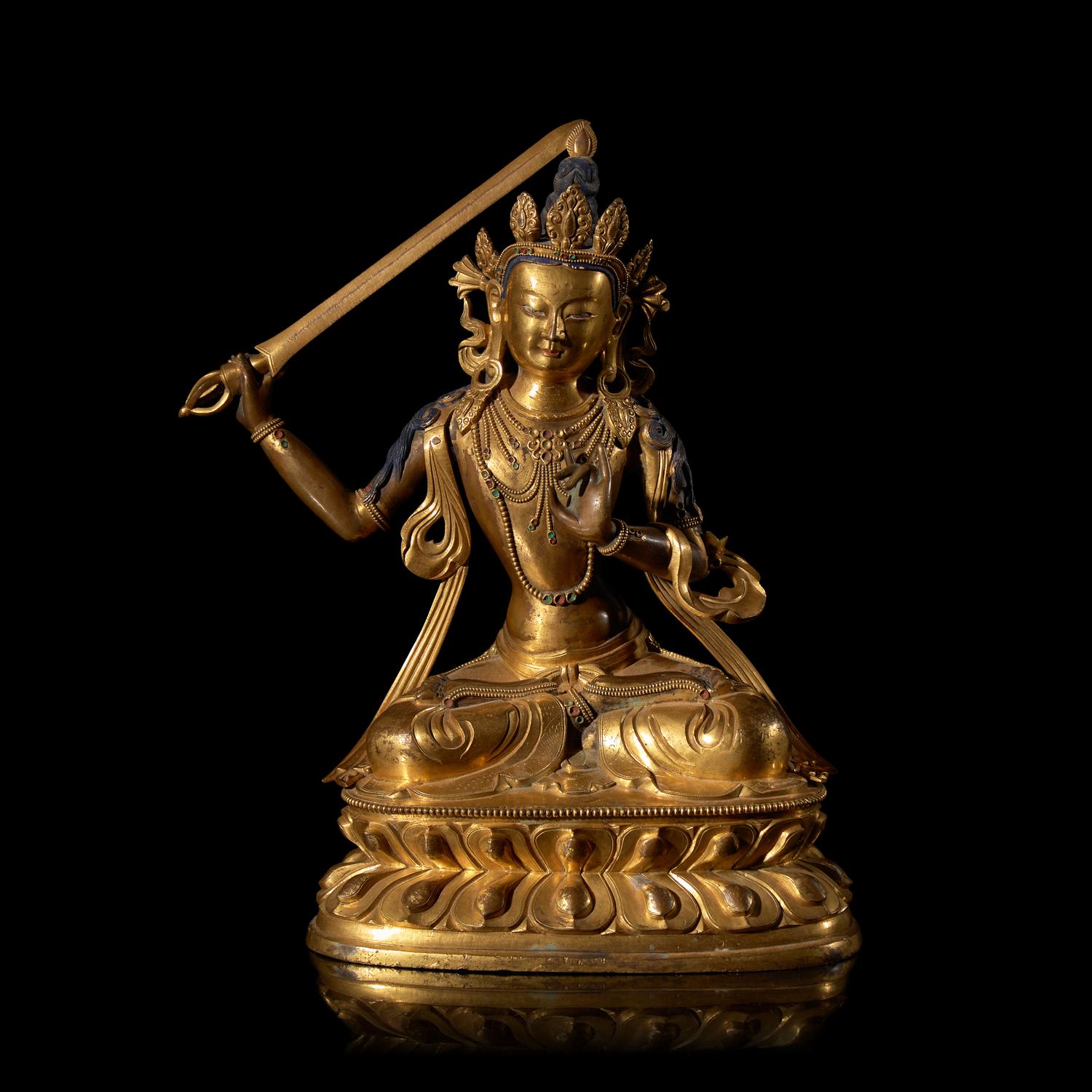 A Sino-Tibetan Gilt Bronze Figure of the Bodhisattva Manjusri 銅鎏金文殊菩薩坐像