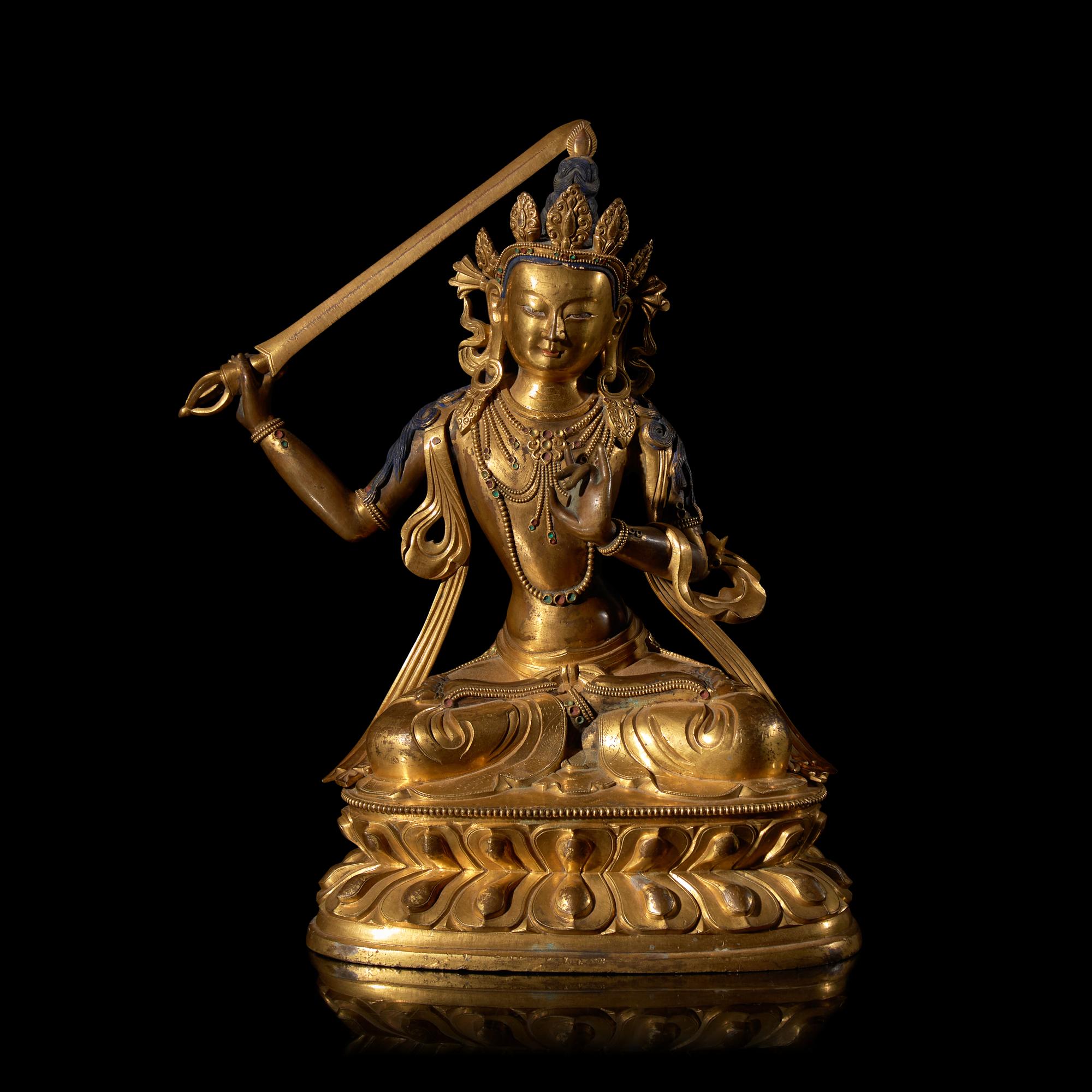 A Sino-Tibetan Gilt Bronze Figure of the Bodhisattva Manjusri 銅鎏金文殊菩薩坐像
