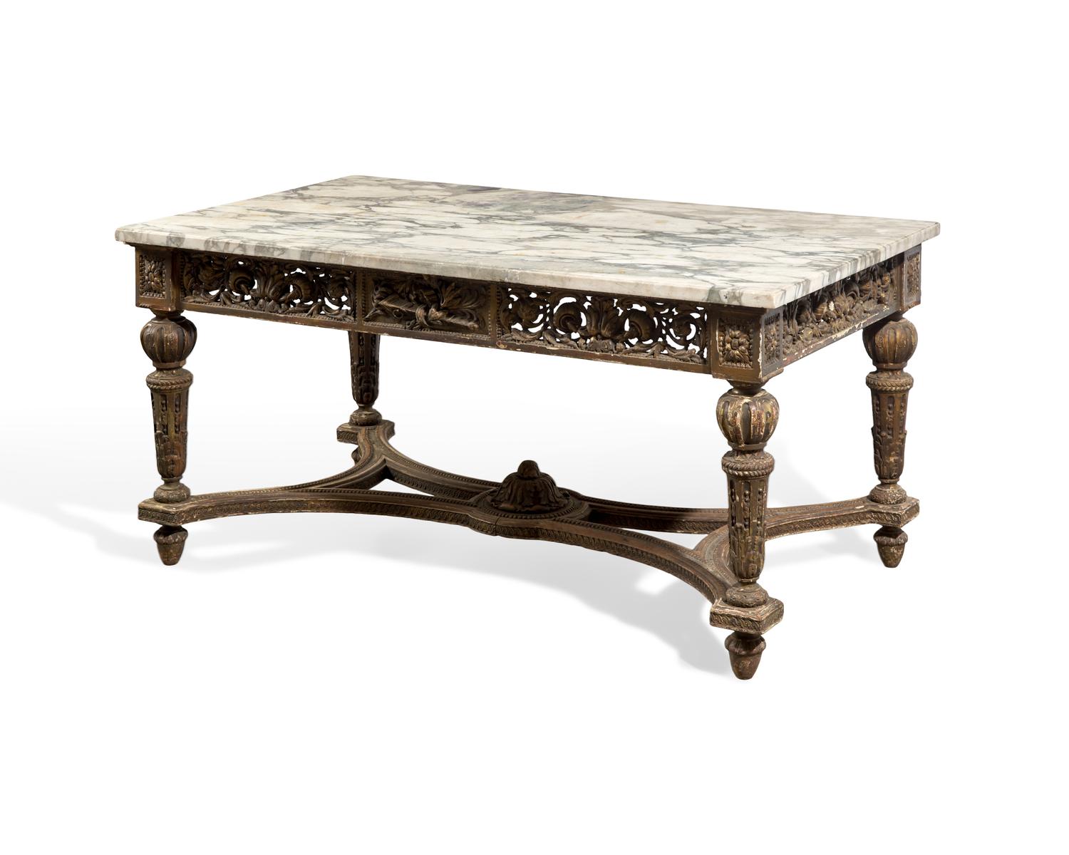 A Louis XVI Style Carved and Giltwood Center Table with Breccia Capraia Marble Top
