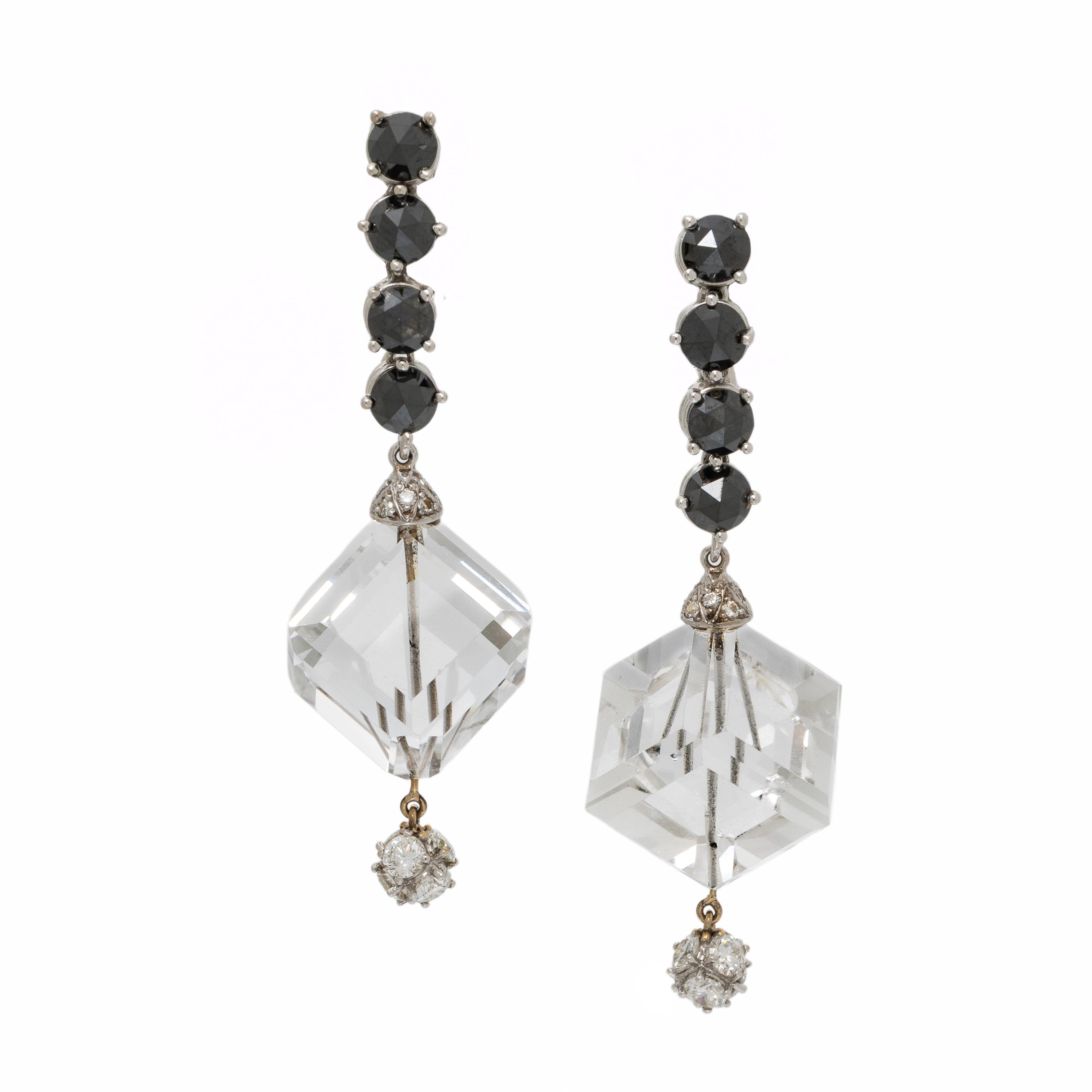 Rock Crystal Quartz, Black Diamond, and Diamond Earrings
