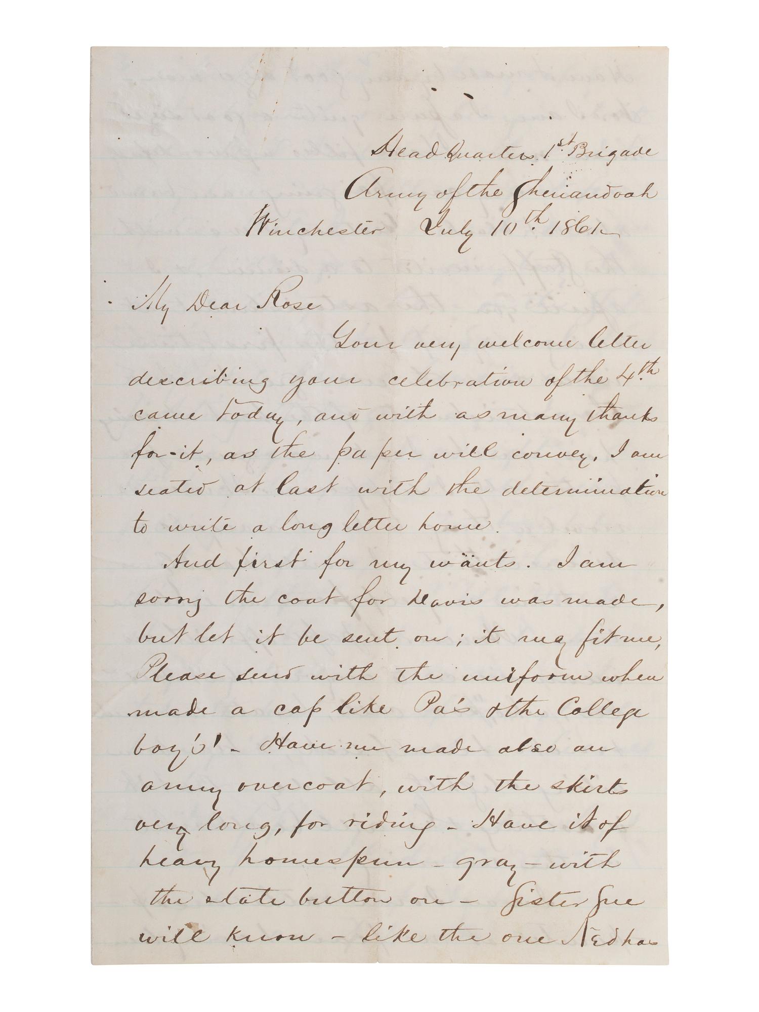 PENDLETON, Alexander Swift "Sandie" (1840-1864). Autograph letter signed ("A.S. Pendleton"). Winchester, [VA], 10 July 1861.