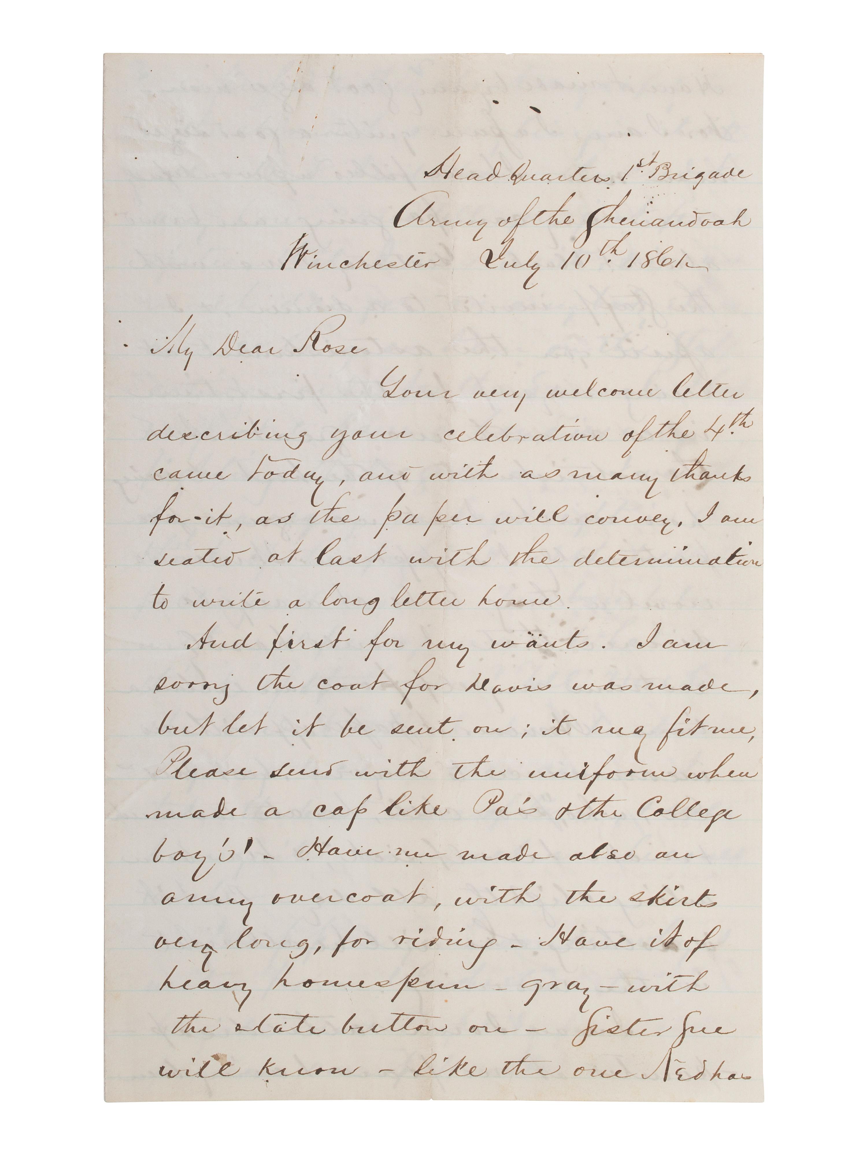 PENDLETON, Alexander Swift "Sandie" (1840-1864). Autograph letter signed ("A.S. Pendleton"). Winchester, [VA], 10 July 1861.