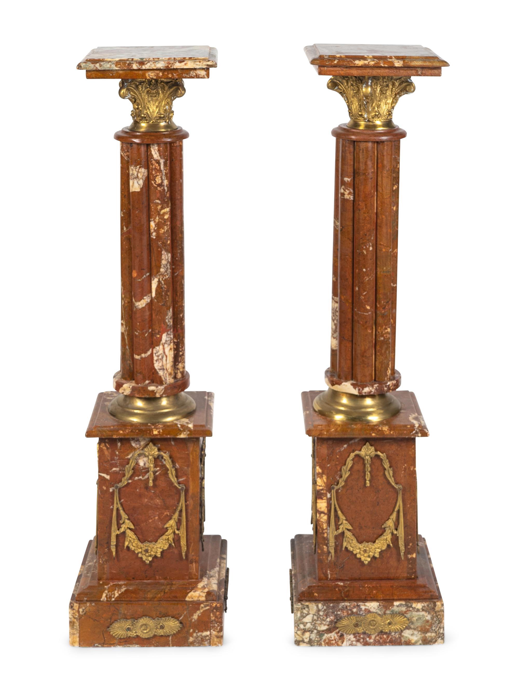 A Pair of Neoclassical Style Gilt-Bronze Mounted Rouge Marble Pedestals — LATE 19TH / EARLY 20TH CENTURY