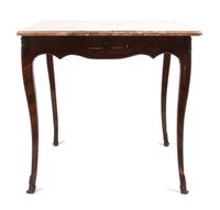 A French Olivewood Center Table Height 27 x width 28 x depth 28 inches.