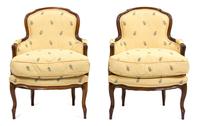 A Pair of Louis XV Style Mahogany Bergeres Height 34 x width 25 x depth 24 inches. — EARLY 20TH CENTURY