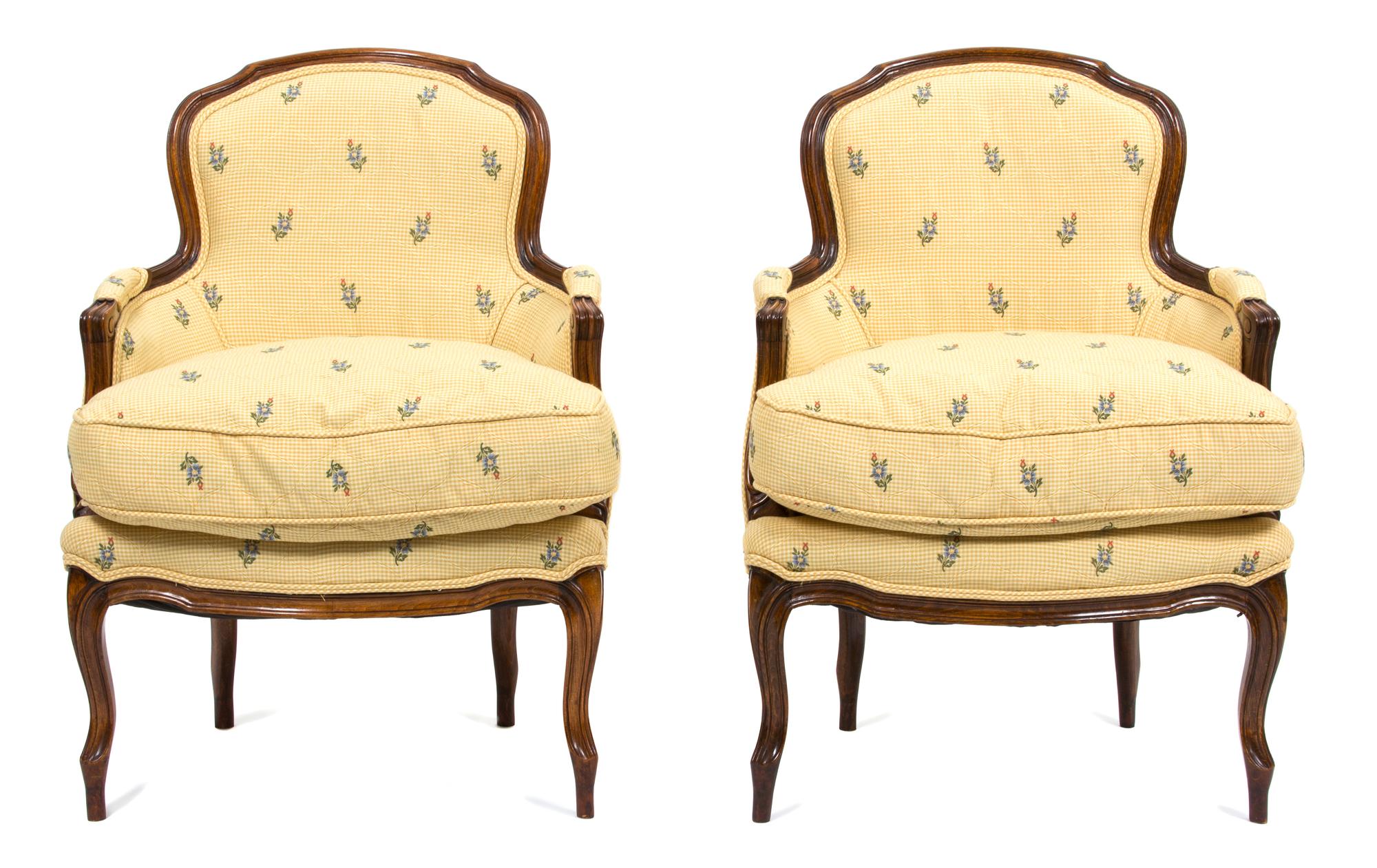 A Pair of Louis XV Style Mahogany Bergeres Height 34 x width 25 x depth 24 inches. — EARLY 20TH CENTURY