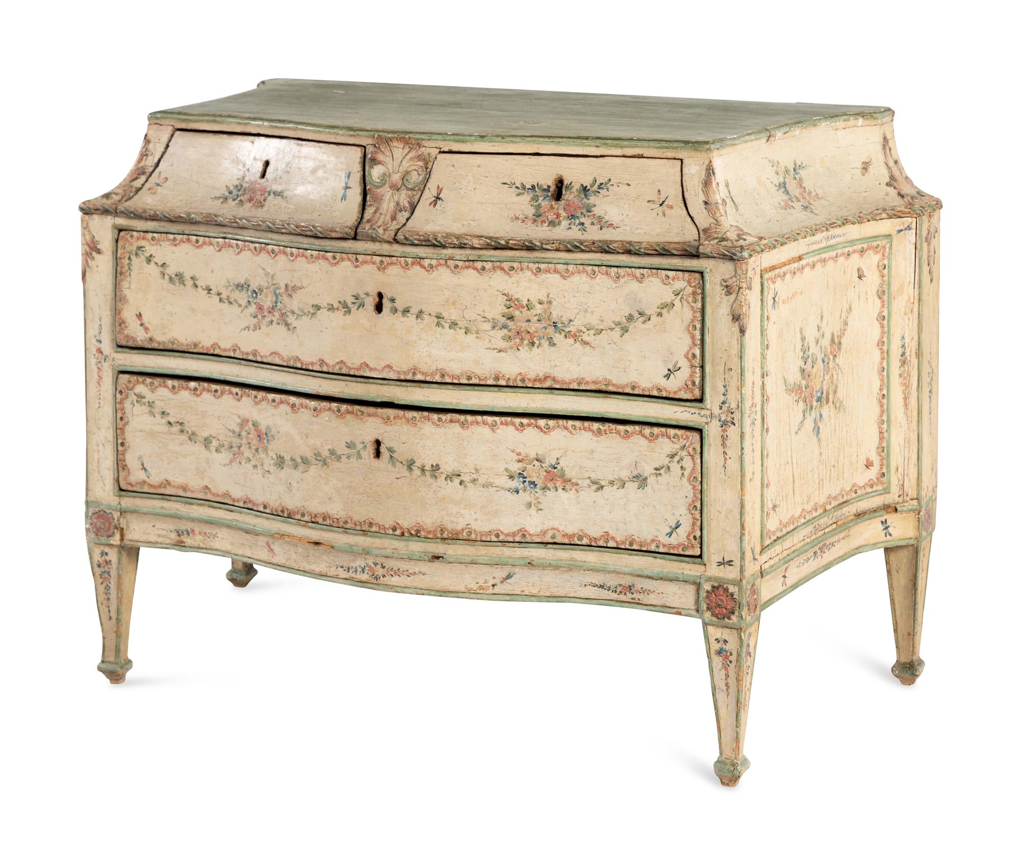 A North Italian Cream and Polychrome-Painted Commode