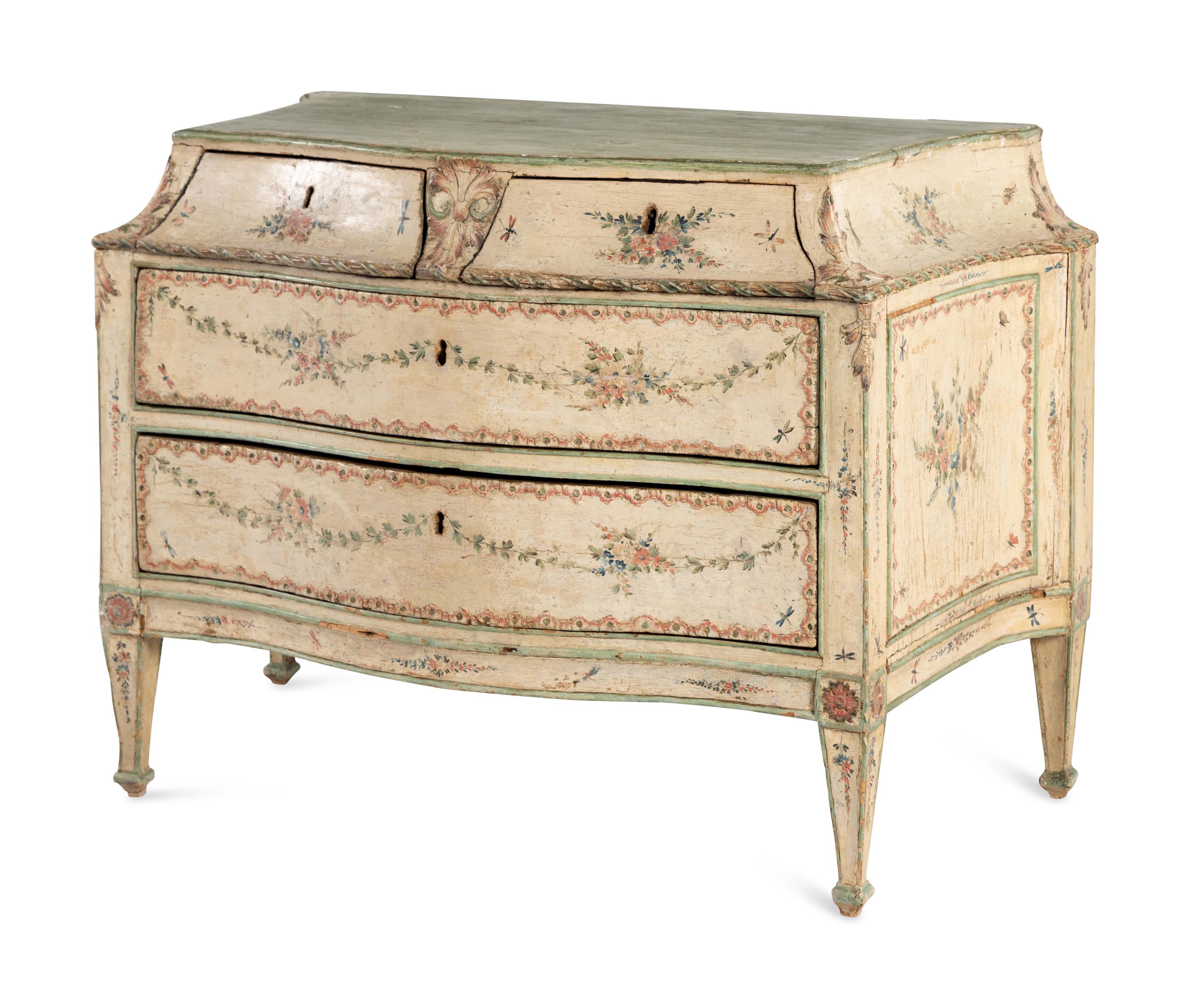 A North Italian Cream and Polychrome-Painted Commode
