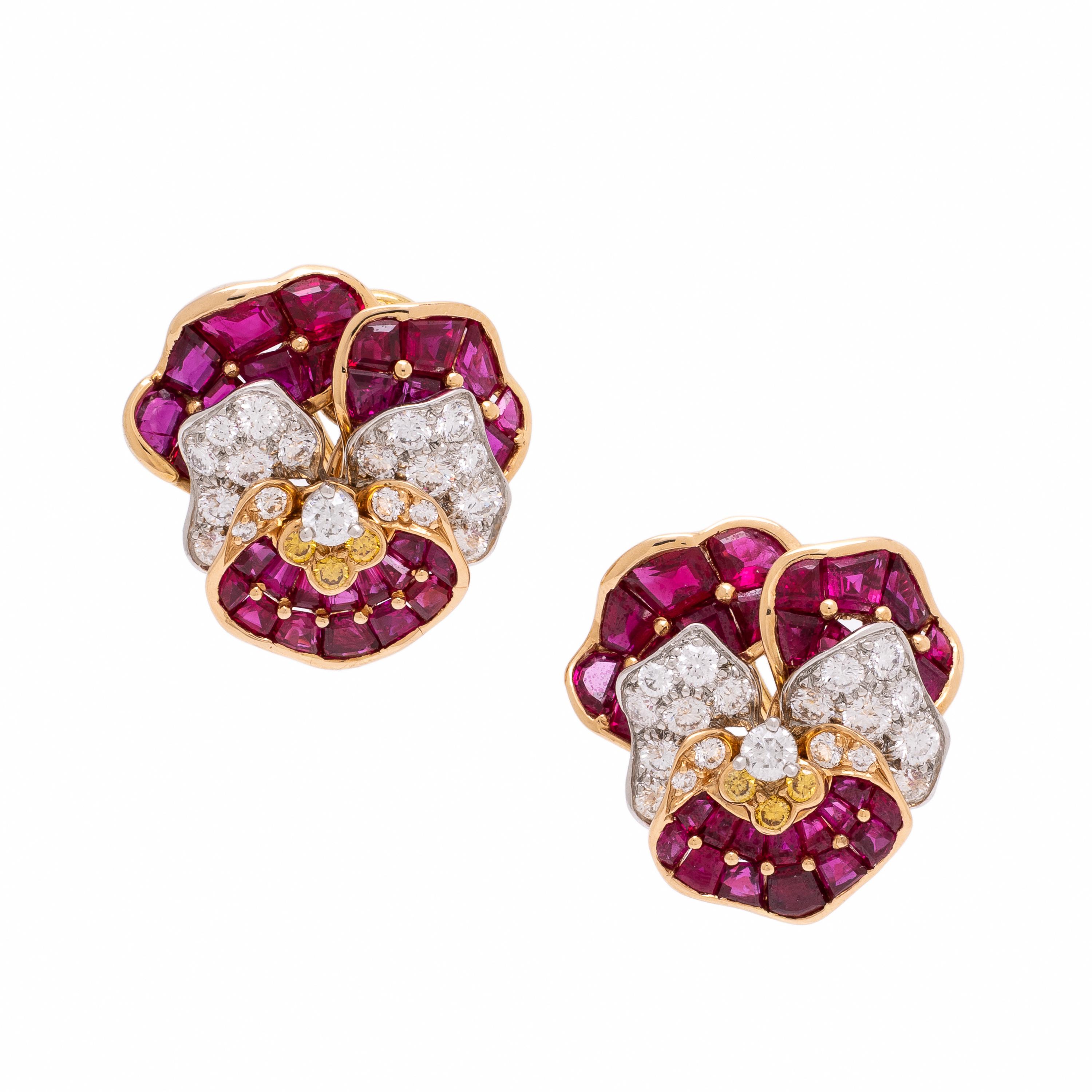 Oscar Heyman, Ruby, Diamond, and Colored Diamond Pansy Earrings