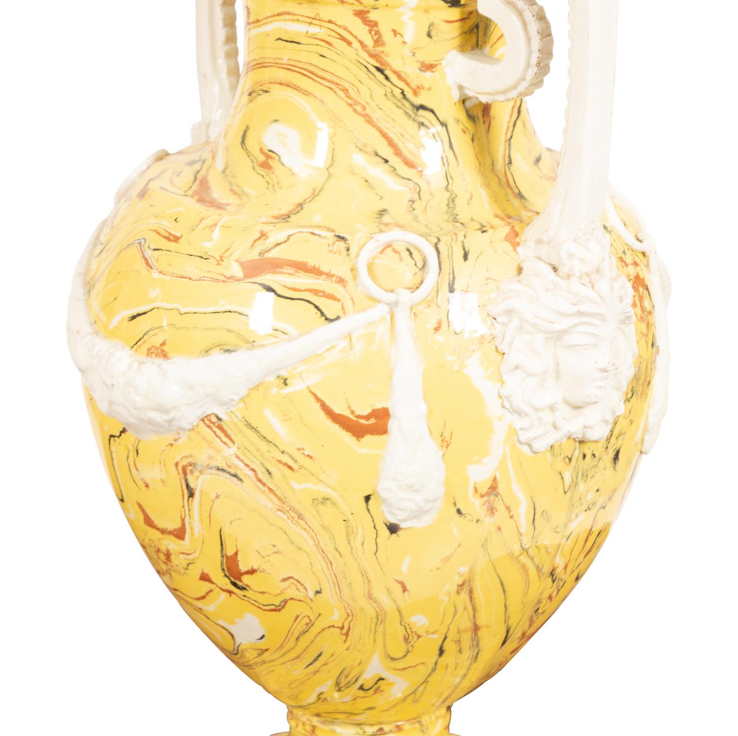 A Pair of Italian Glazed Ceramic Aptware Urns Mounted as Lamps
