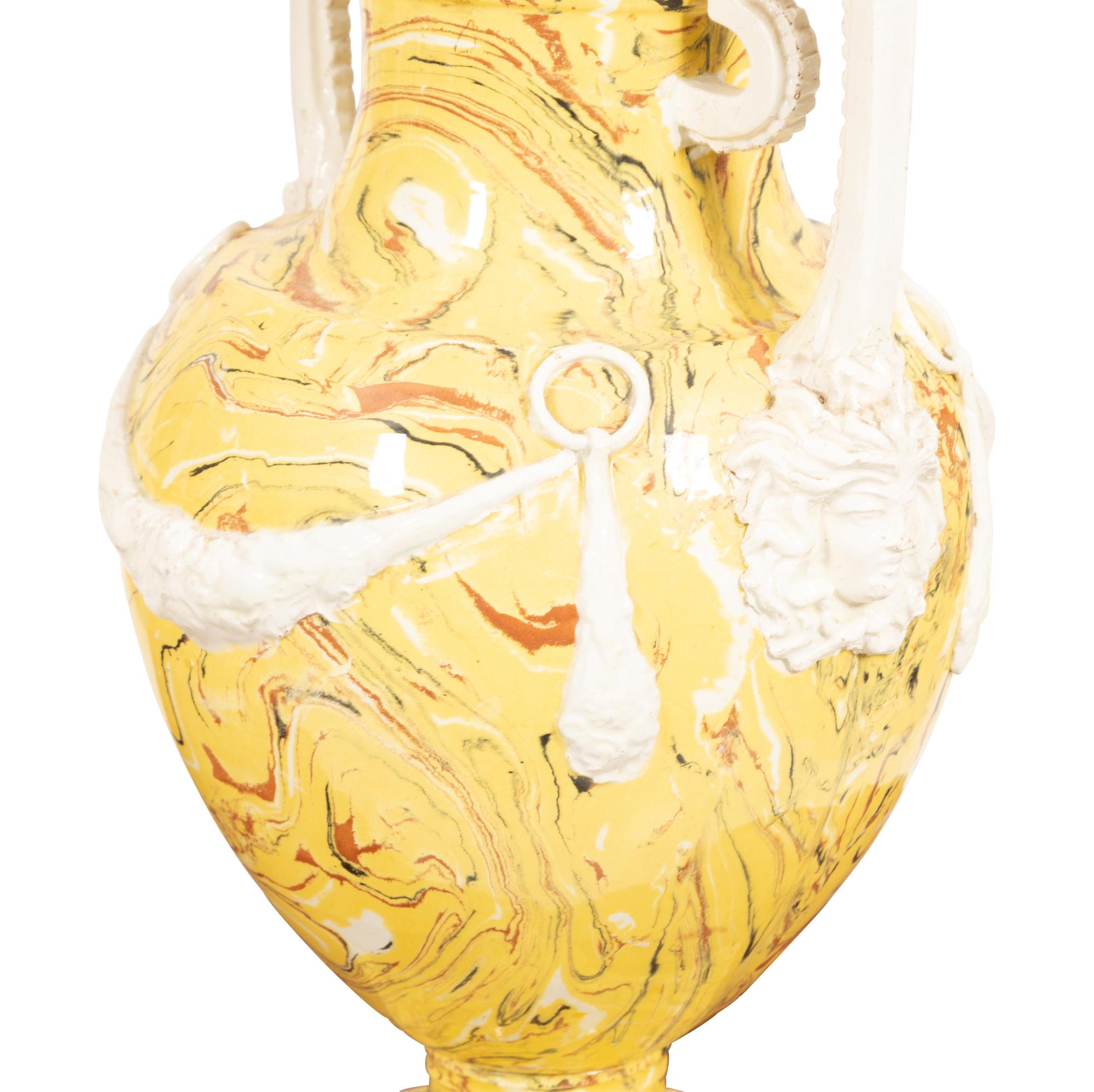 A Pair of Italian Glazed Ceramic Aptware Urns Mounted as Lamps