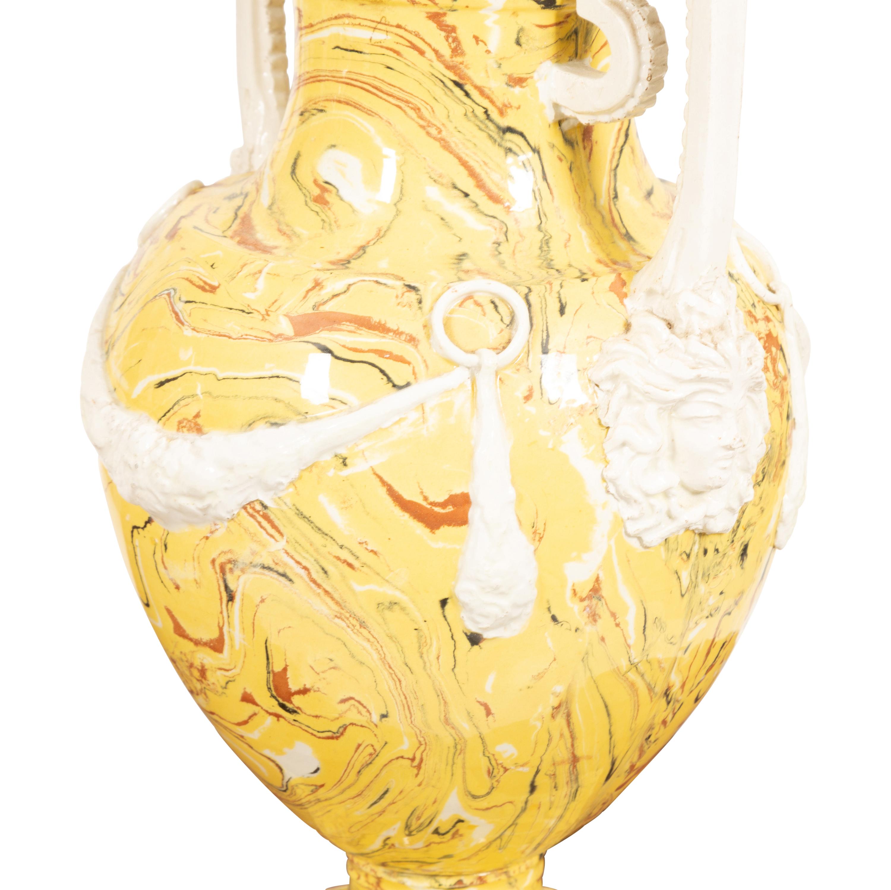 A Pair of Italian Glazed Ceramic Aptware Urns Mounted as Lamps