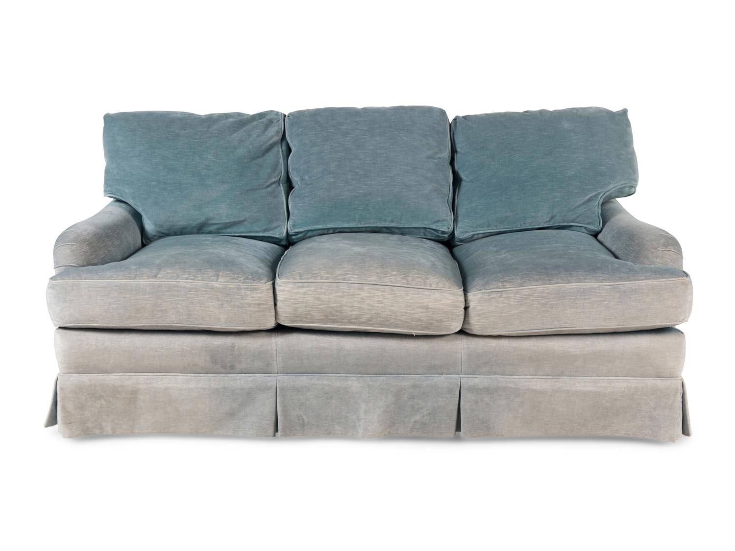 A Custom Velvet Upholstered Three-Cushion Sofa