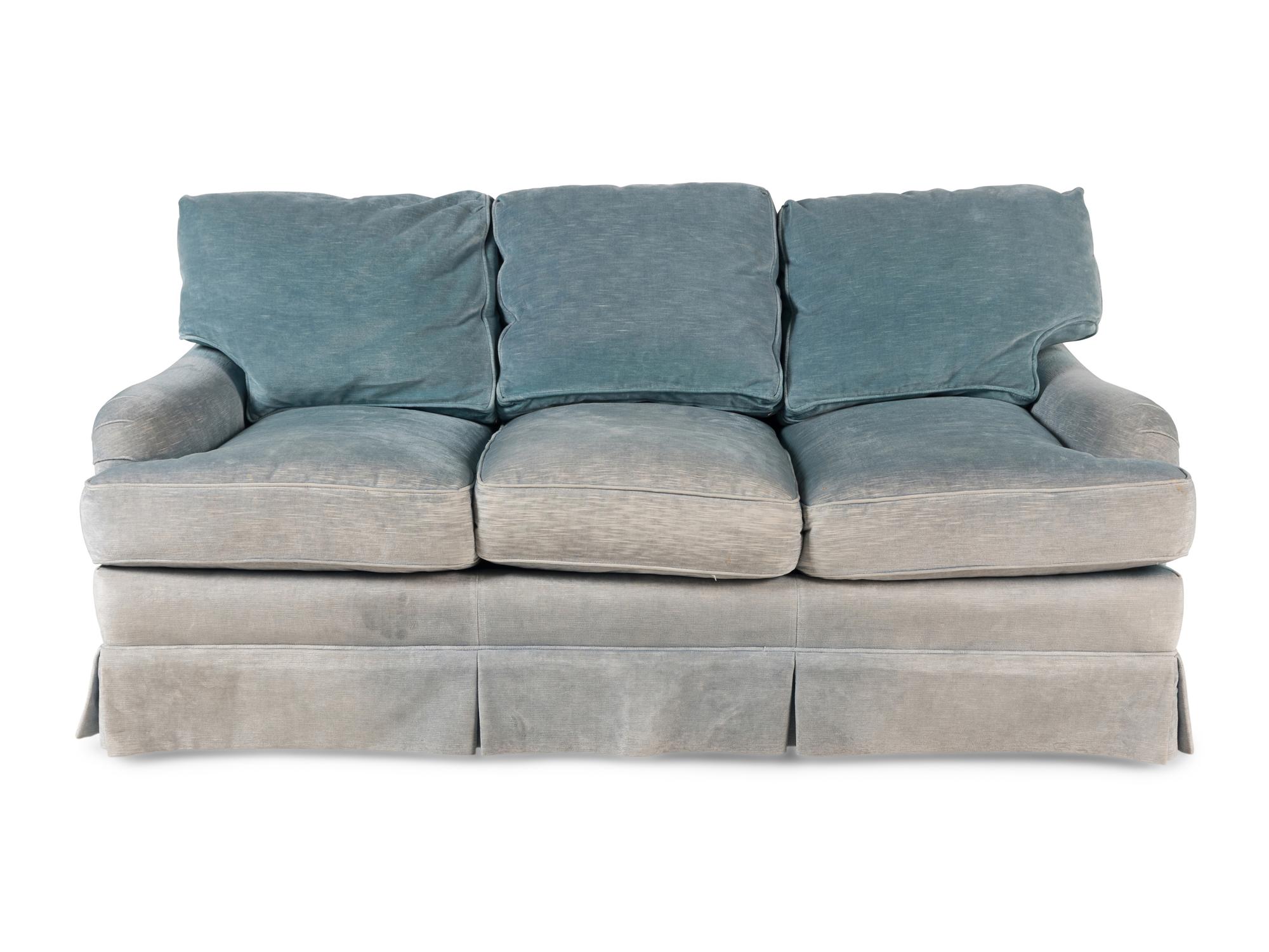 A Custom Velvet Upholstered Three-Cushion Sofa