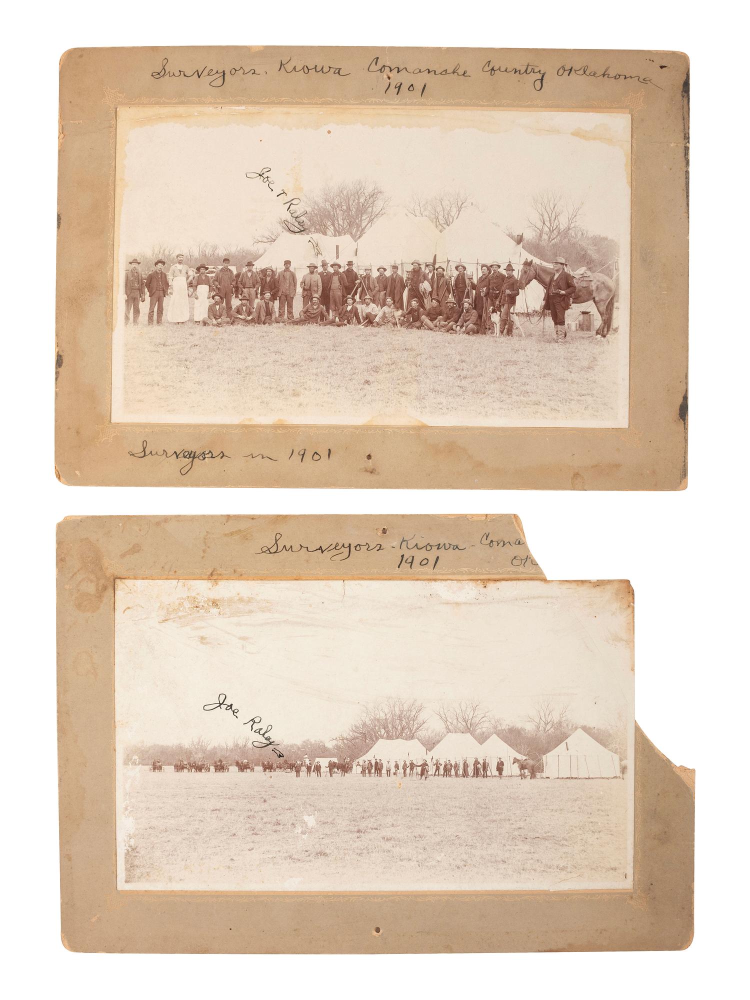 [WESTERN AMERICANA]. A pair of photographs showing a group of surveyors in Kiowa Comanche Country, Oklahoma. 1901.