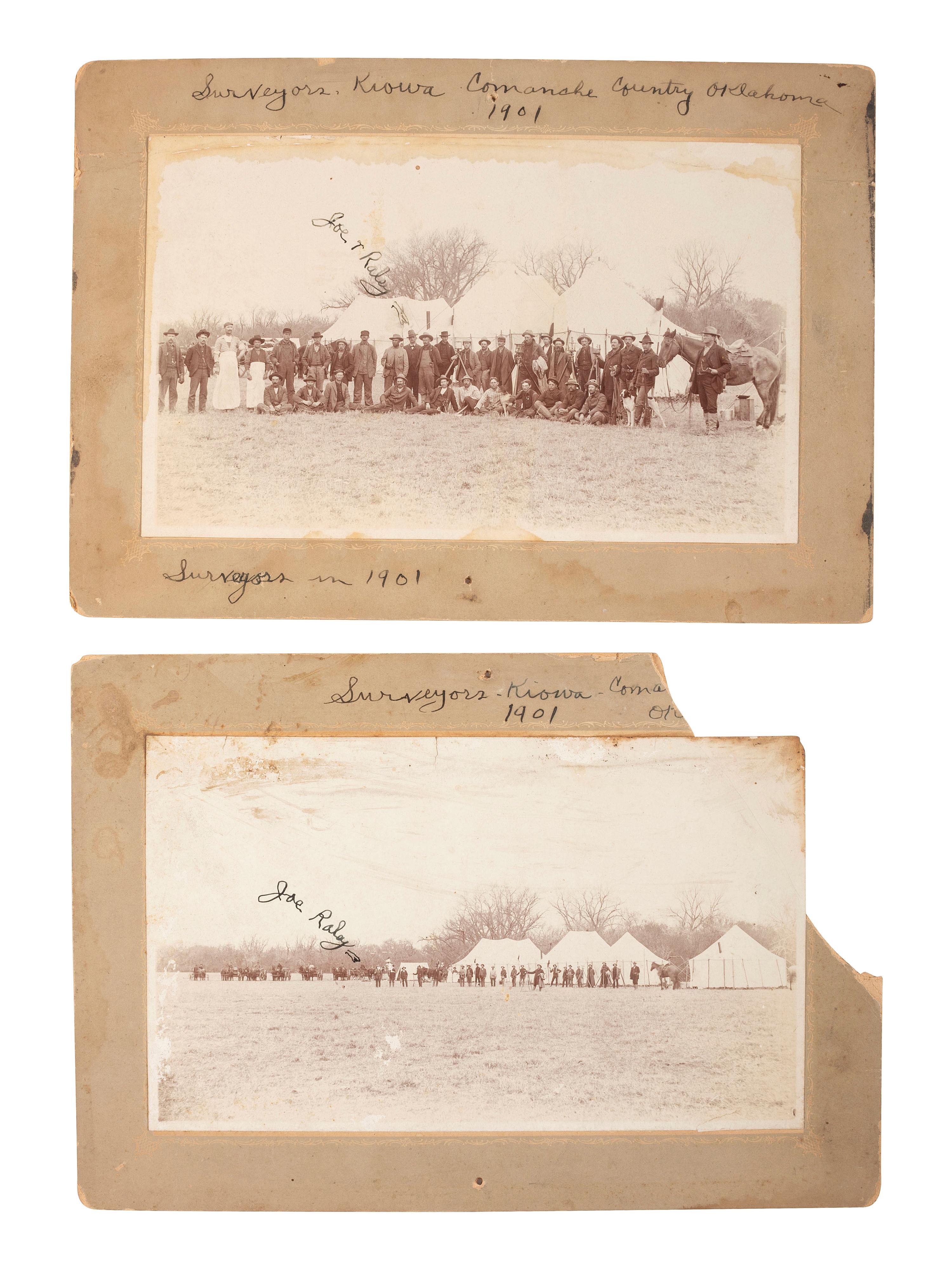 [WESTERN AMERICANA]. A pair of photographs showing a group of surveyors in Kiowa Comanche Country, Oklahoma. 1901.