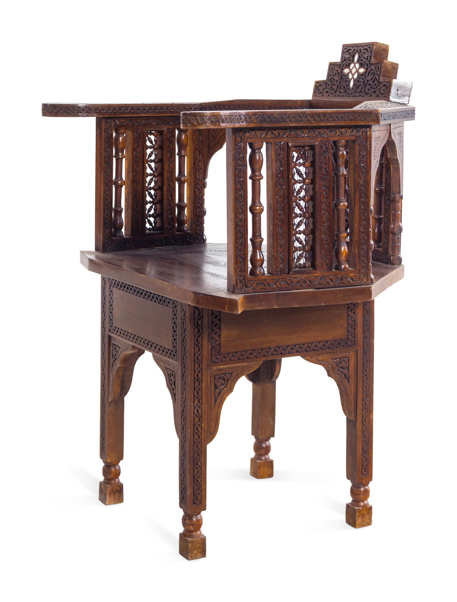 A Pair of Syrian Mother-of-Pearl Inlaid Walnut Armchairs