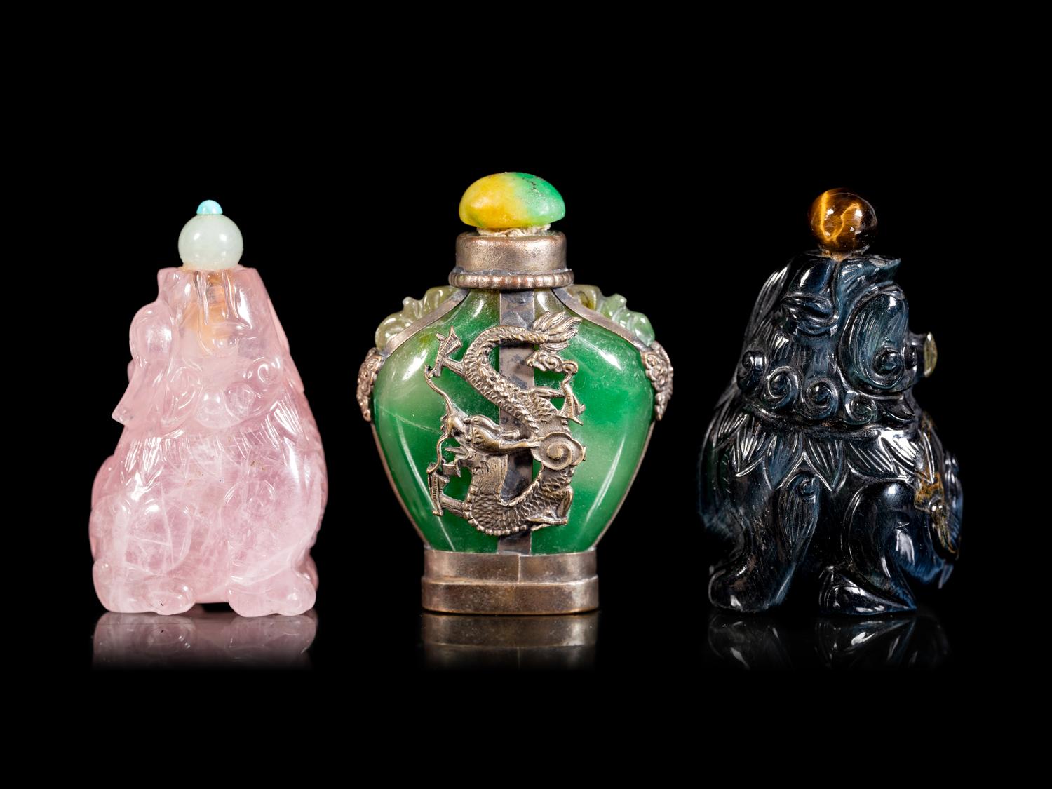 Three Chinese Jadeite and Hardstone Snuff Bottles