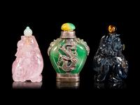 Three Chinese Jadeite and Hardstone Snuff Bottles