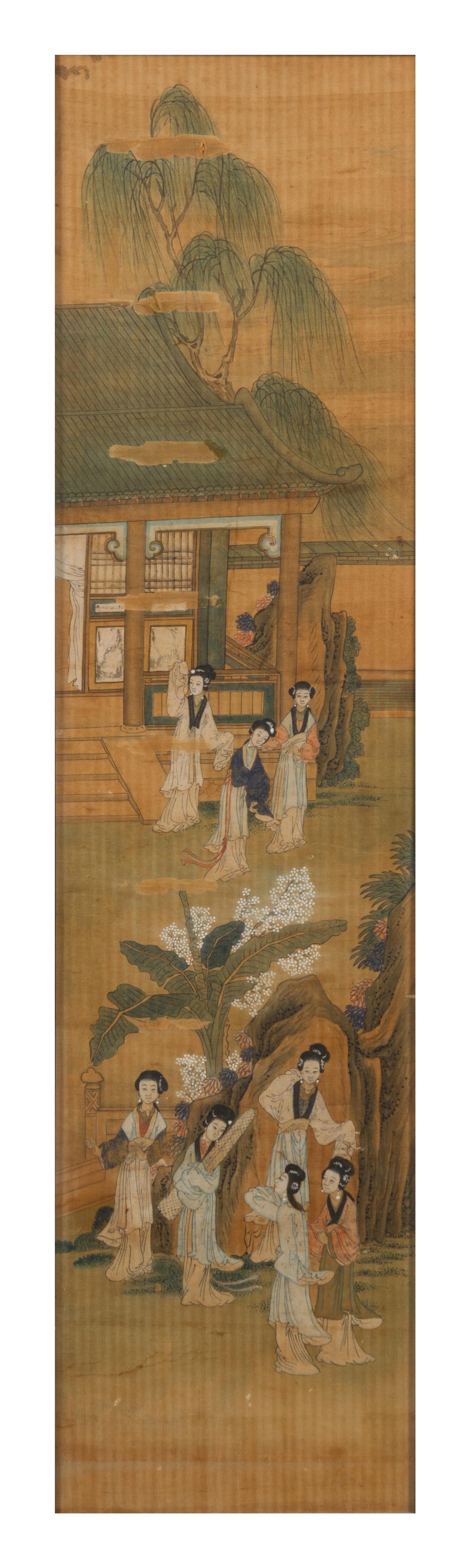 Attributed to Yu Ji, (1738-1823), depicting ladies of leisure in a garden scene with pavilion and plantain trees.