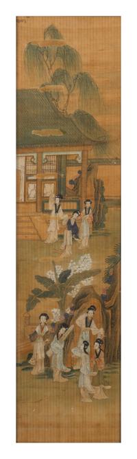 Attributed to Yu Ji, (1738-1823), depicting ladies of leisure in a garden scene with pavilion and plantain trees.
