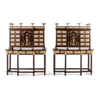 A Pair of Spanish Renaissance Style Gilt Bronze Mounted Marquetry Collector's Cabinets on Stands