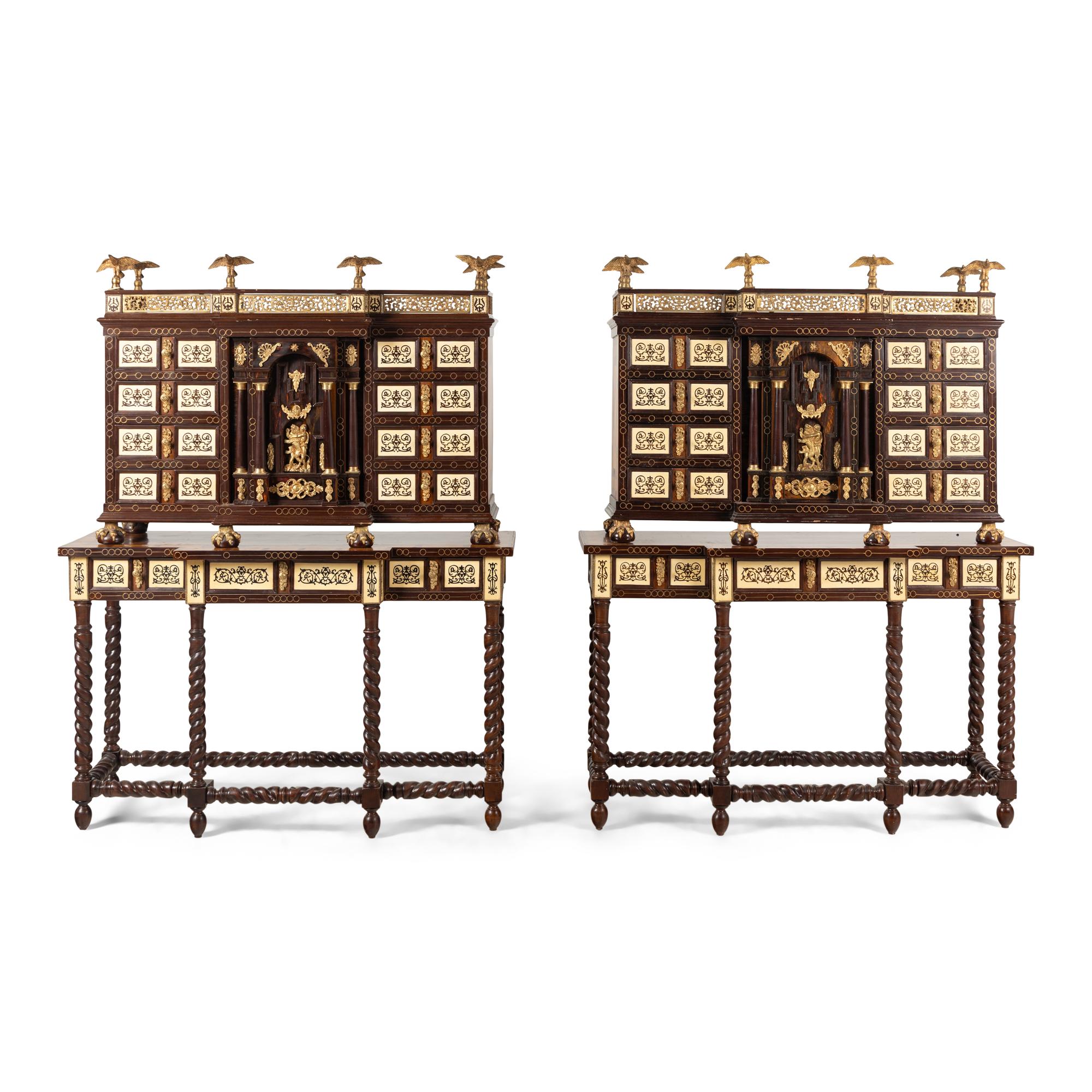 A Pair of Spanish Renaissance Style Gilt Bronze Mounted Marquetry Collector's Cabinets on Stands