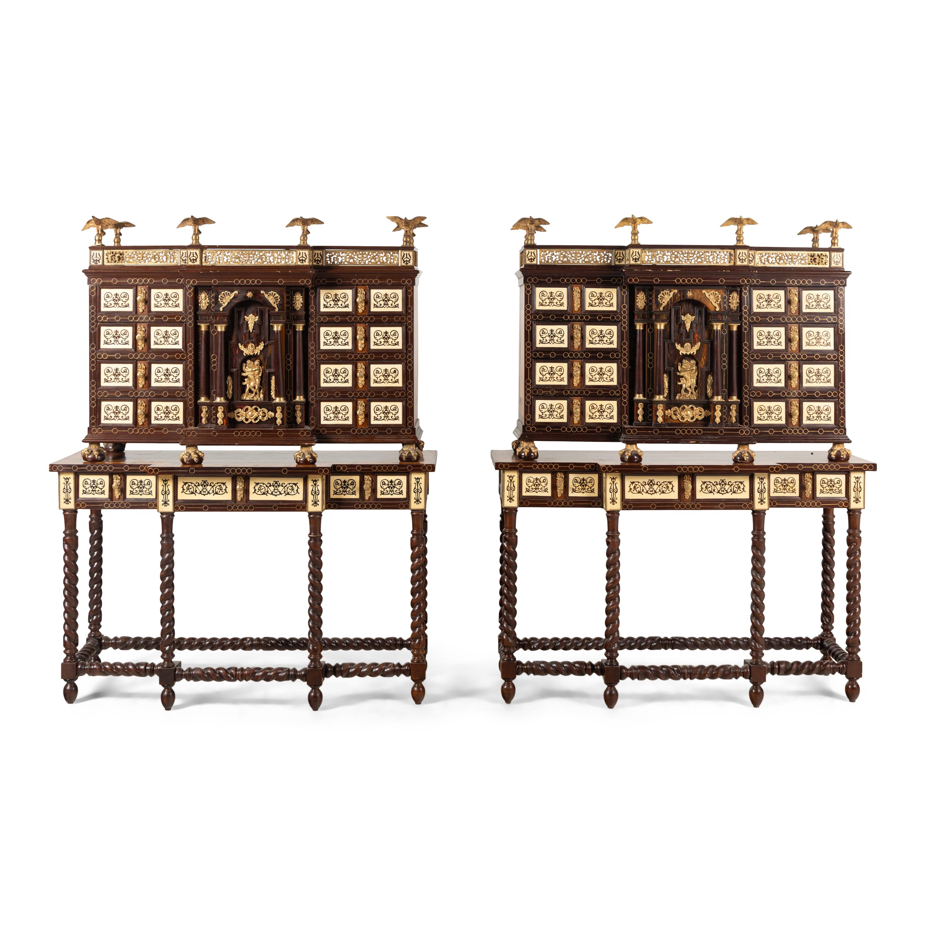 A Pair of Spanish Renaissance Style Gilt Bronze Mounted Marquetry Collector's Cabinets on Stands