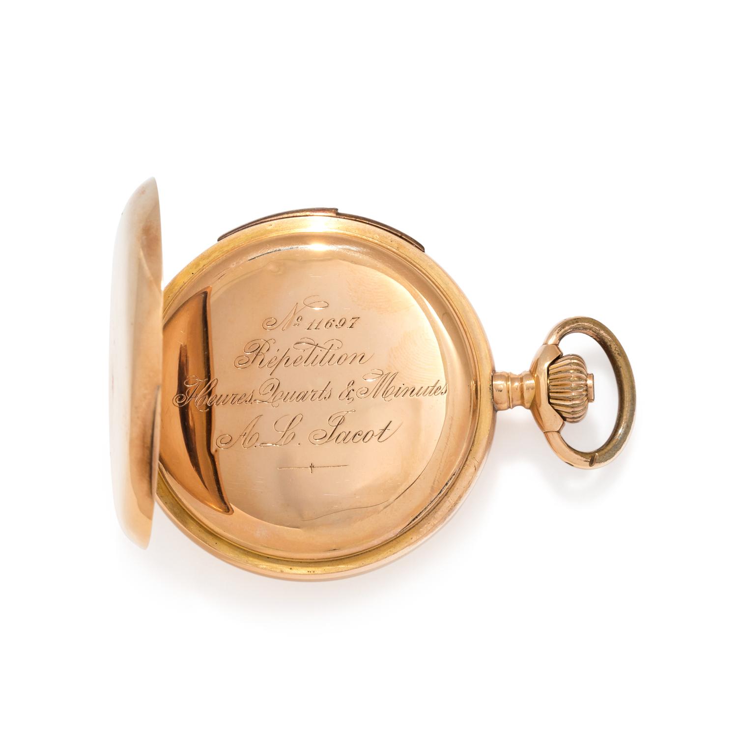 A.L. JACOT, 18K YELLOW GOLD MINUTE REPEATER HUNTER CASE POCKET WATCH