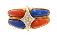 A Yellow Gold, Coral, Lapis Lazuli and Diamond Ring, 5.80 dwts.