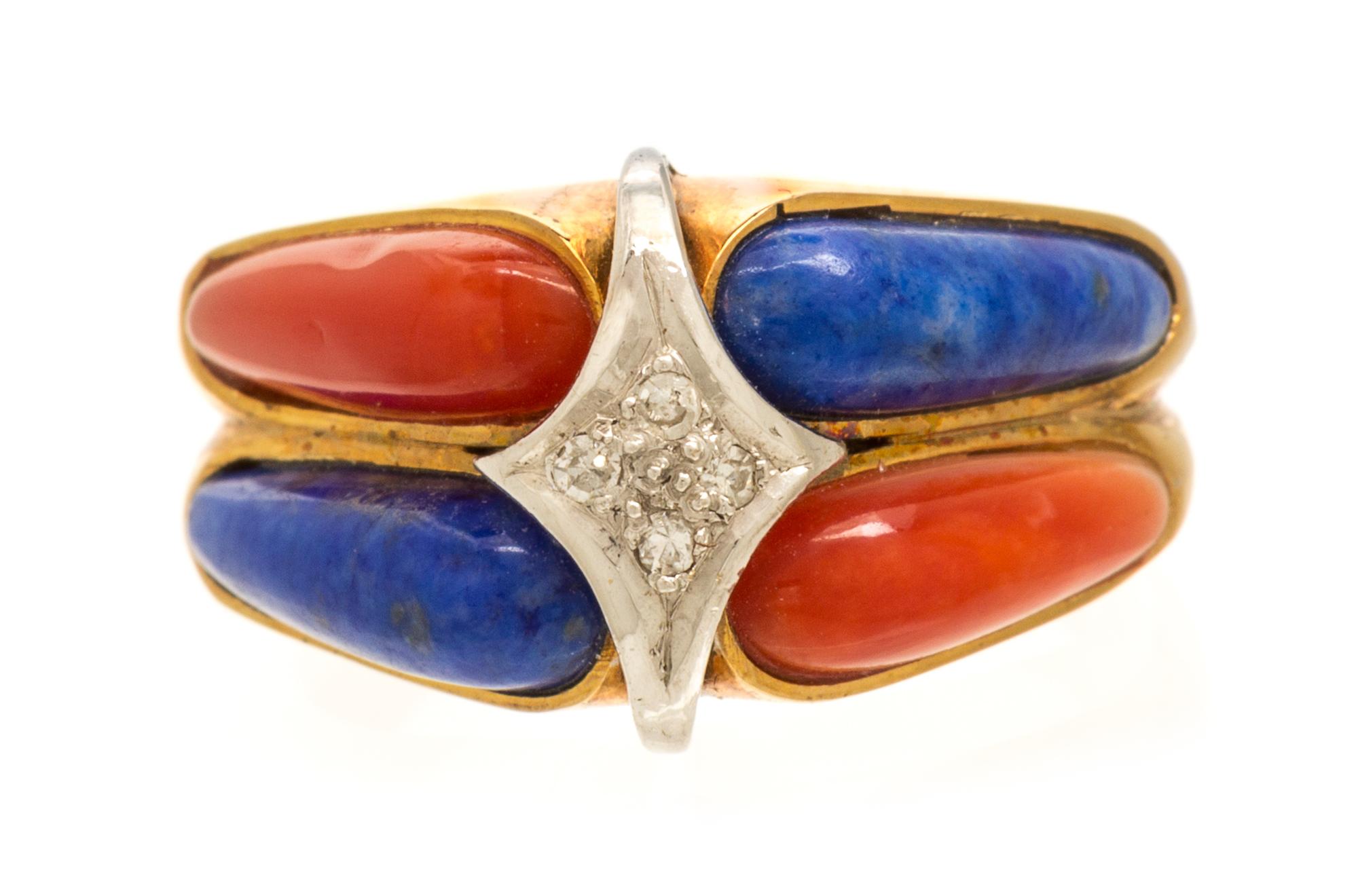 A Yellow Gold, Coral, Lapis Lazuli and Diamond Ring, 5.80 dwts.