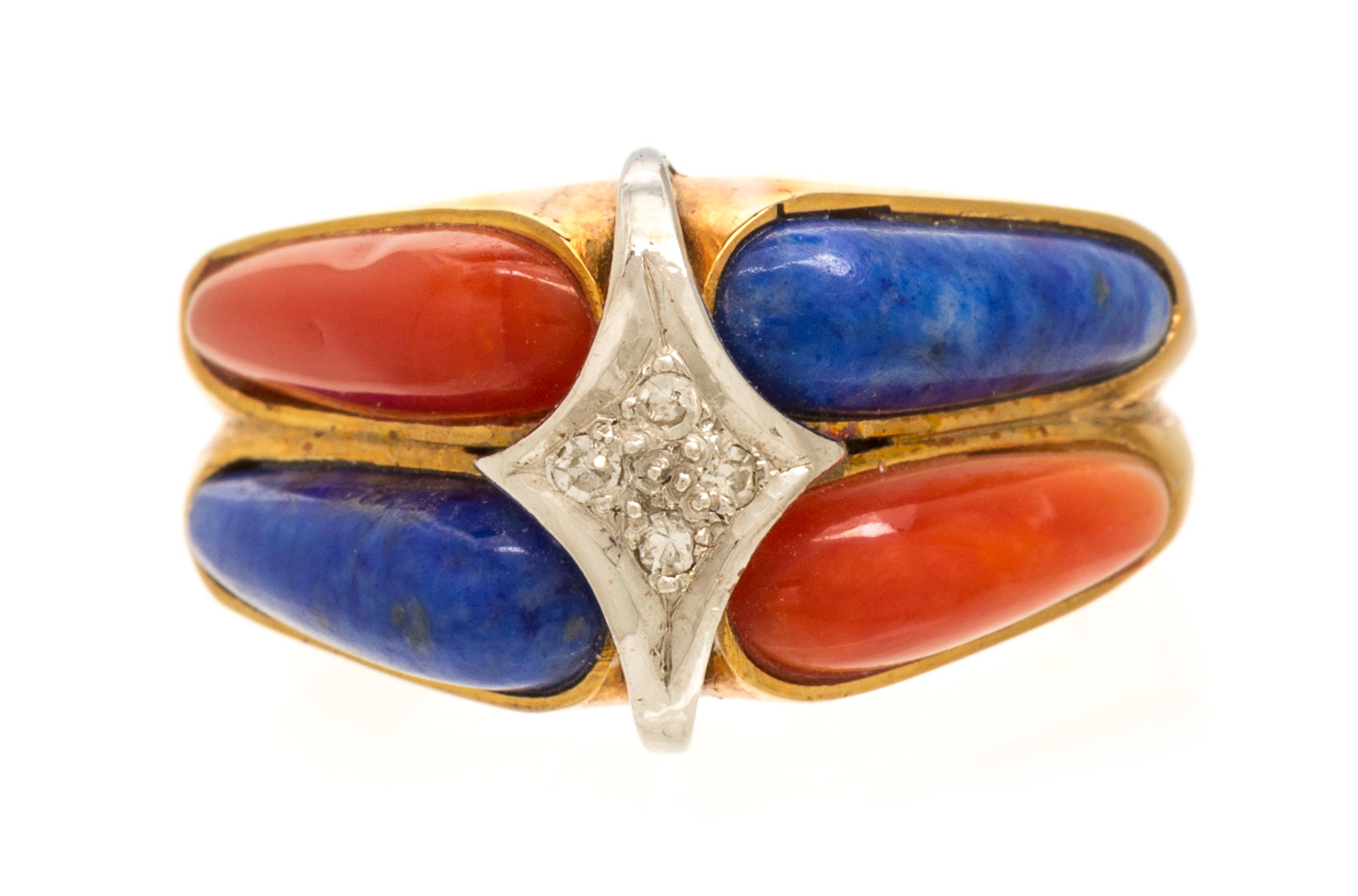 A Yellow Gold, Coral, Lapis Lazuli and Diamond Ring, 5.80 dwts.