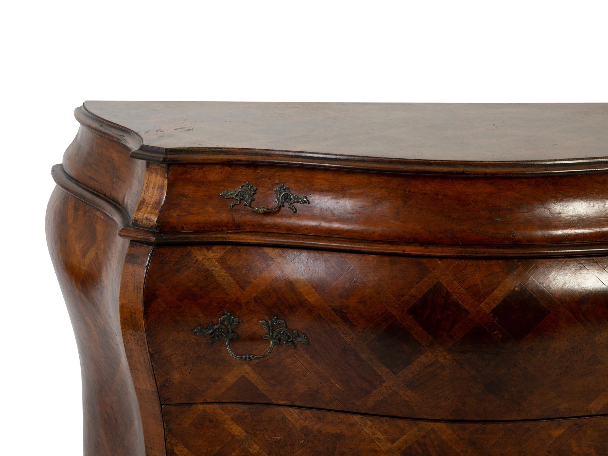 An Italian Louis XV Style Walnut Parquetry Bombe Commode — 19TH CENTURY
