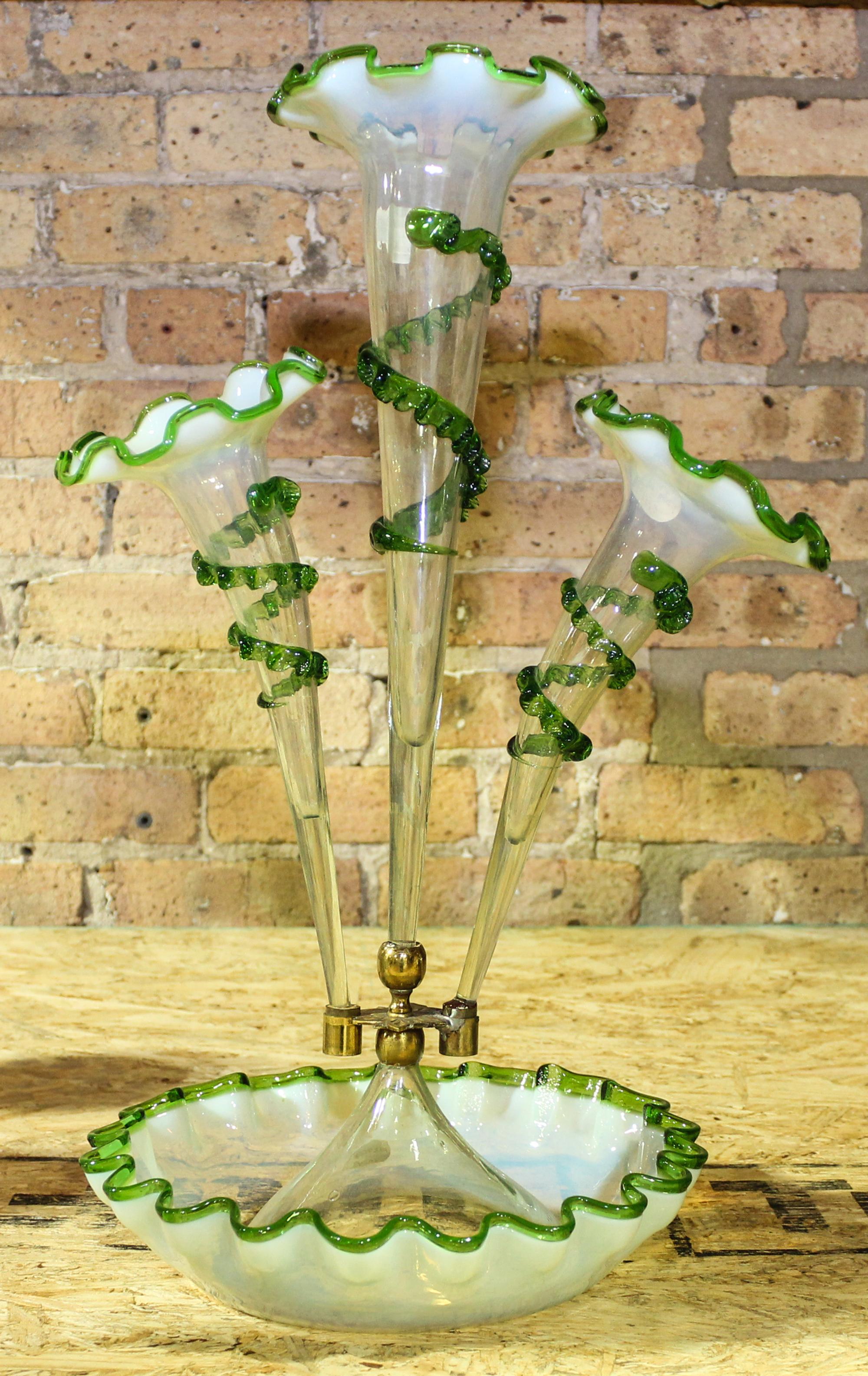 An Opalescent Glass Epergne Height 18 3/4 inches.