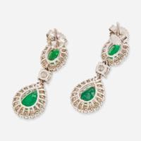 A Pair of 18K White Gold, Diamond, and Emerald Earrings