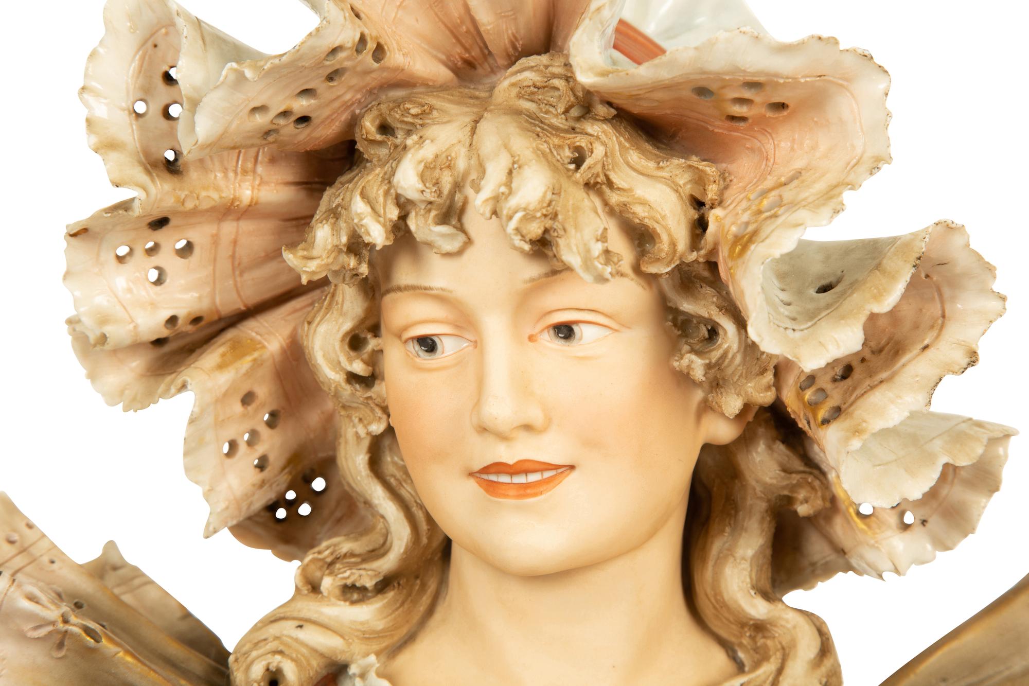 A Royal Dux Porcelain Bust of Woman in Lace Bonnet — Early 20th Century