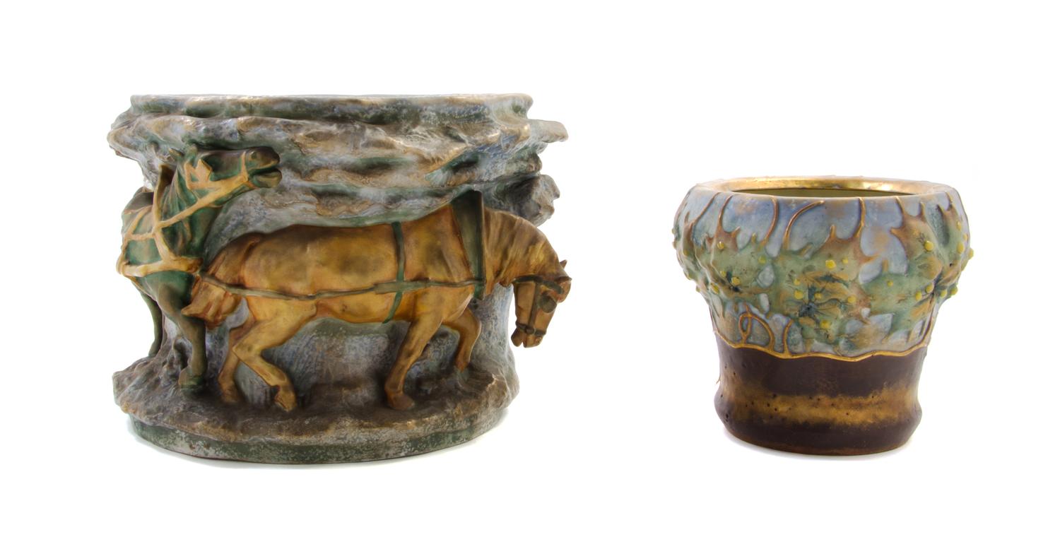 Two Amphora Pottery Jardinieres Height of taller 9 1/2 inches x diameter 12 1/2 inches.