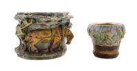 Two Amphora Pottery Jardinieres Height of taller 9 1/2 inches x diameter 12 1/2 inches.