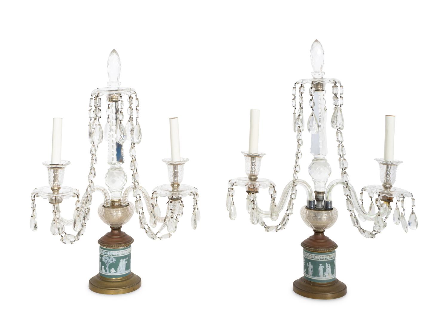 A Pair of English Cut Glass and Gilt Bronze Two-Light Candelabra with Wedgwood Jasperware Inserts