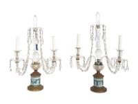 A Pair of English Cut Glass and Gilt Bronze Two-Light Candelabra with Wedgwood Jasperware Inserts
