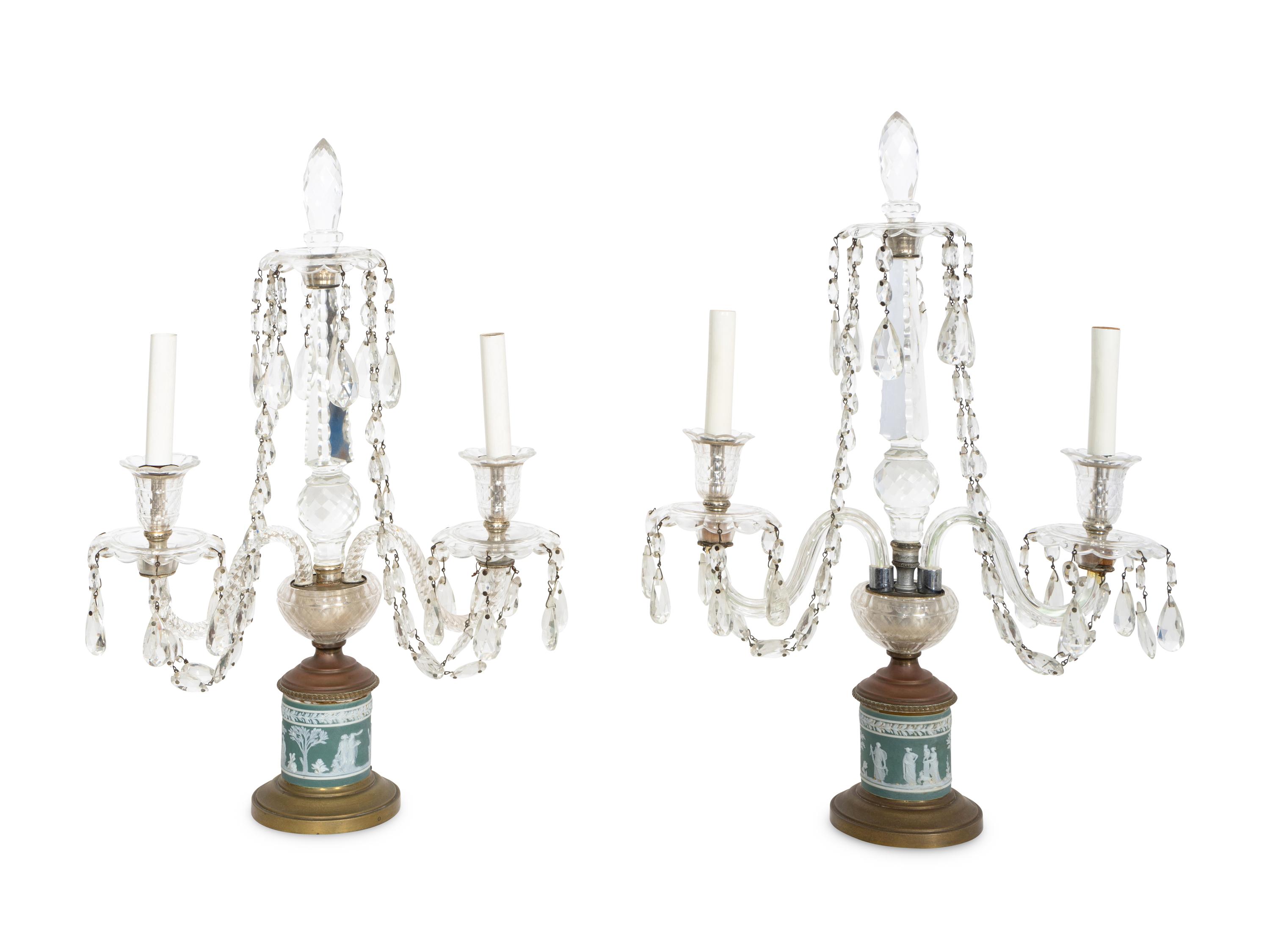 A Pair of English Cut Glass and Gilt Bronze Two-Light Candelabra with Wedgwood Jasperware Inserts
