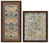 Two Embroidered Silk Panels Height of taller overall 23 x width 11 1/4 inches.