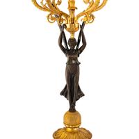 A Pair of Empire Style Gilt and Patinated Bronze Candelabra Mounted as Lamps