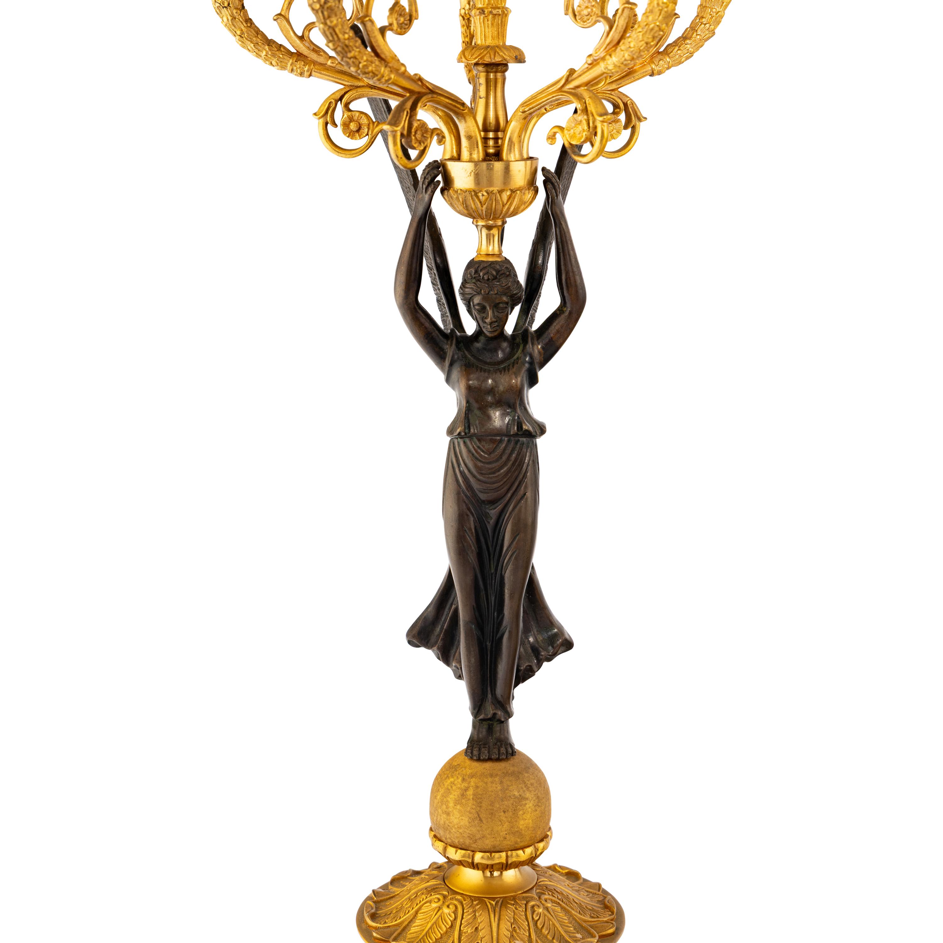 A Pair of Empire Style Gilt and Patinated Bronze Candelabra Mounted as Lamps