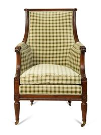 A Regency Style Carved Mahogany High Back Upholstered Armchair — 19TH CENTURY