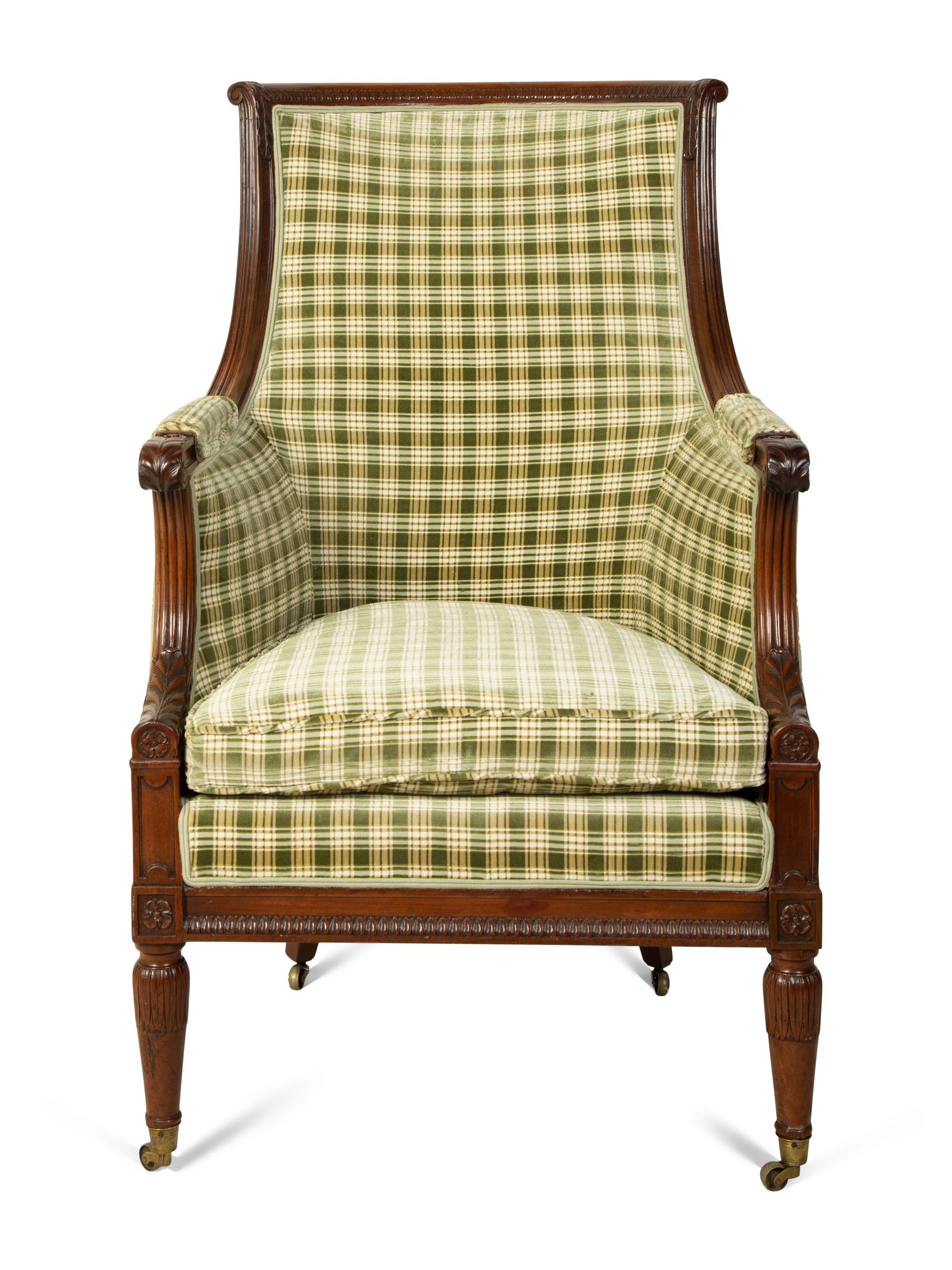 A Regency Style Carved Mahogany High Back Upholstered Armchair — 19TH CENTURY