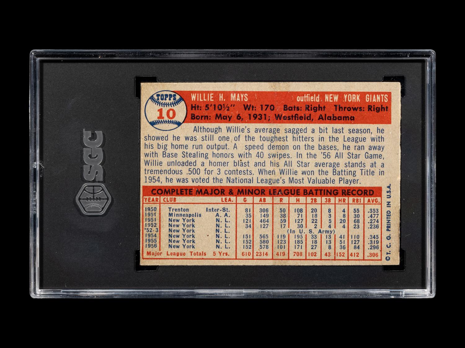A 1957 Topps Willie Mays Baseball Card No. 10 (SGC 5 EX)
